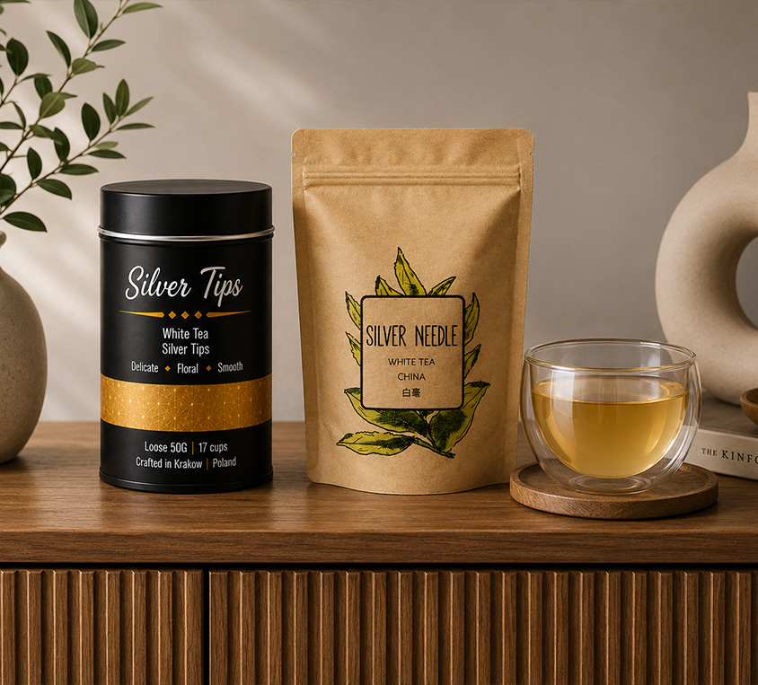 Silver Needle Tips Leo Tea – elegancka puszka, doypack i kubek prezentowy